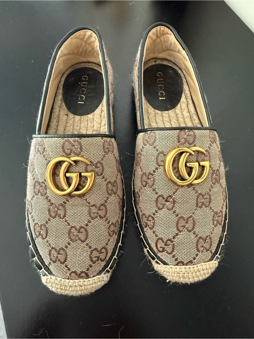Designer GG Monogram Espadrille Flats Size 37 Brown Canvas Gold Hardware